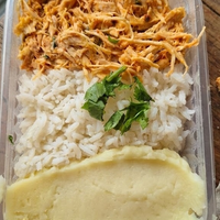 Frango desfiado com arroz e purê de batata inglesa (Congelada 350ml).